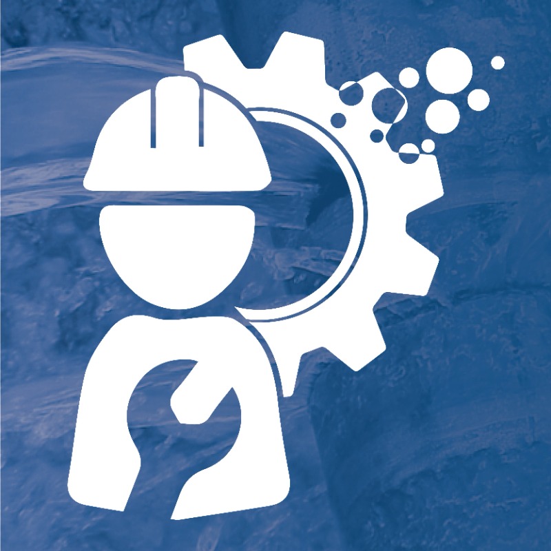 Stylized blue and white icon of worker wearing a hard hat, standing near a large gear and wrench